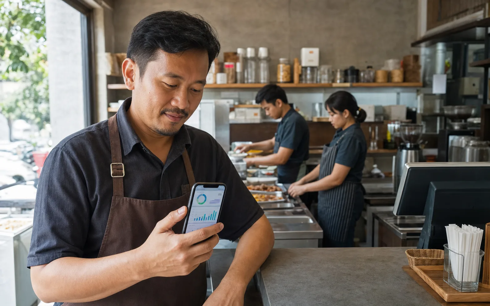 Pemilik restoran Indonesia melihat dashboard penjualan abstrak di ponsel